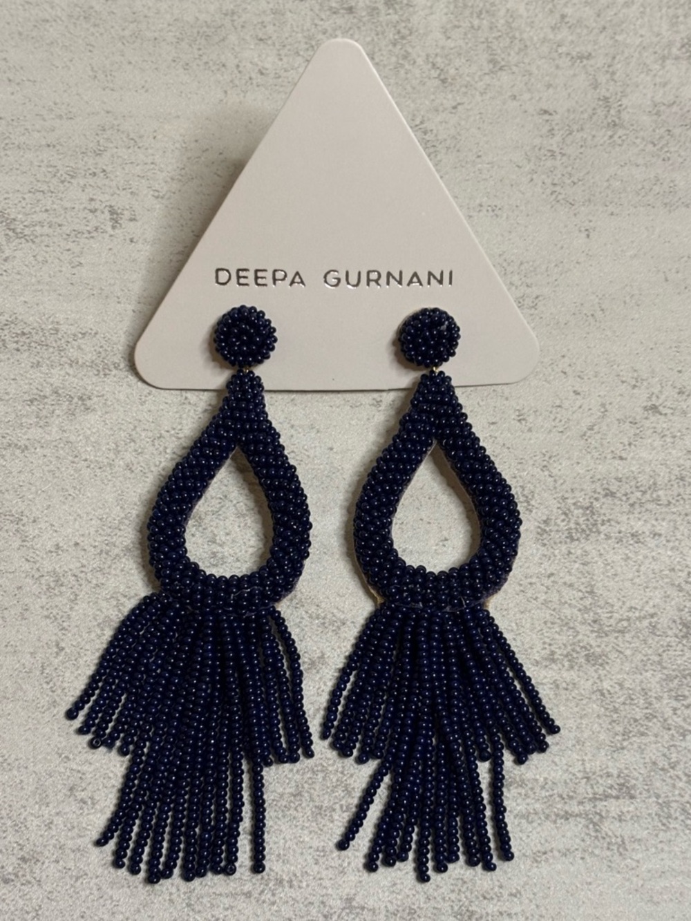 Deepa Gurnani Beaded Teardrop Tassel Statement Earrings in Navy Blue